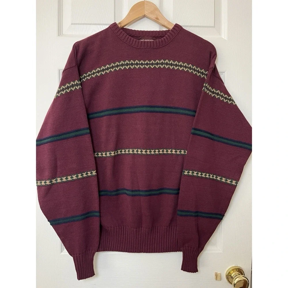 Vintage Chaps Ralph Lauren Sweater Mens‎ M Burgundy Striped Cotton Preppy USA
